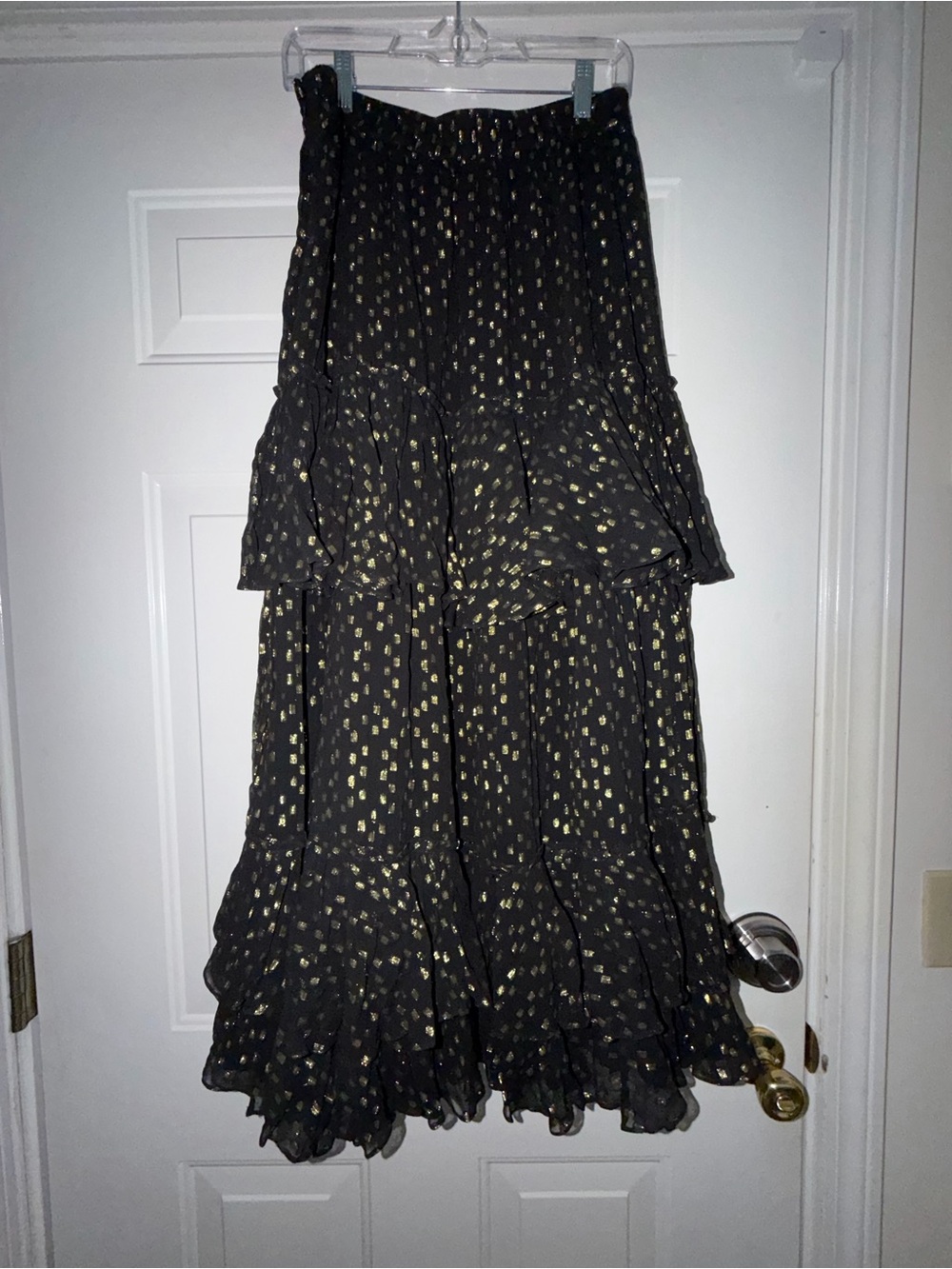 Rococo Sand Black Tiered Ruffle Maxi Skirt with Gold Dot Print. Sz M - Picture 4 of 6